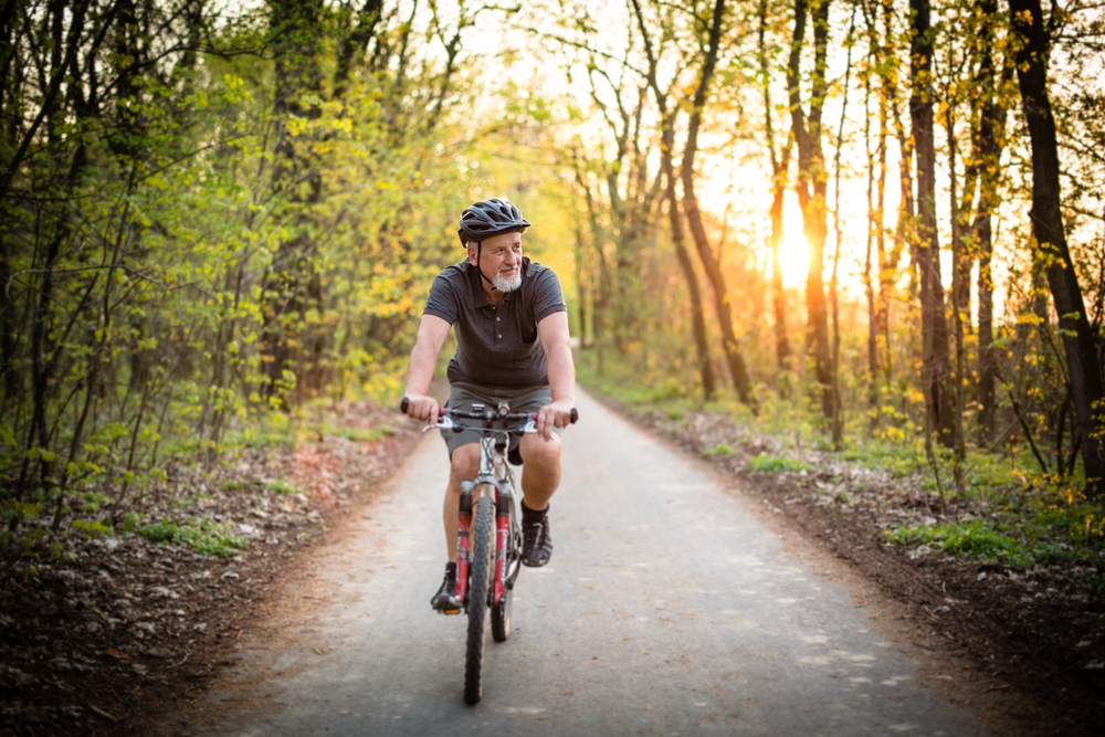 Elderly male cyclists are riding their bikes through a forest.