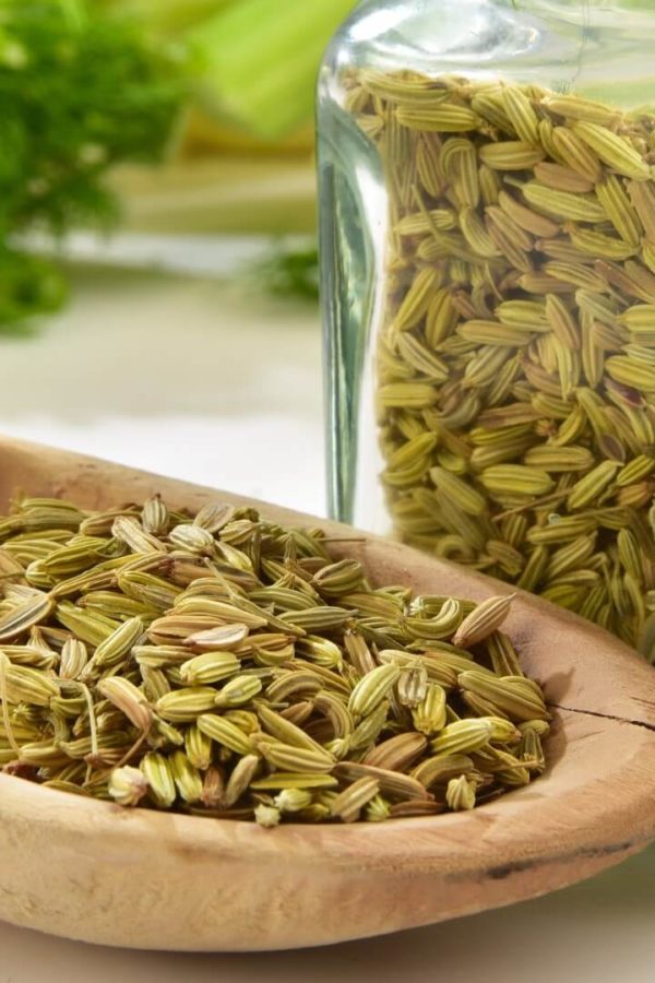 Anise seeds on a wooden spoon and in a glass jar.